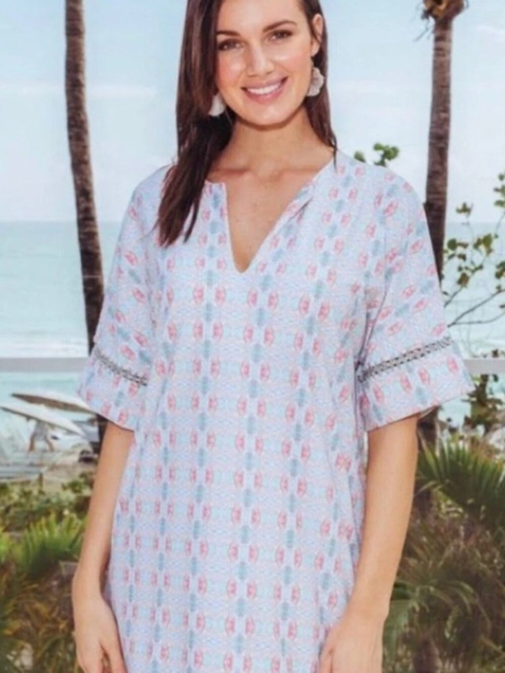 CABANA LIFE Bunglo UPF 50 Pink Mint Lauren Tunic Shift Dress Silver Crochet L